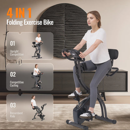 3-In-1 Exercise Bike Quiet Folding Magnetic Stationary Exercise Bikes with Arm Resistance Bands Home Workout Use